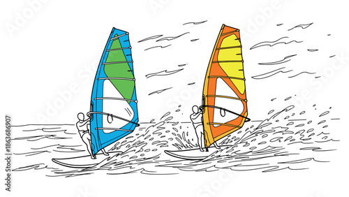 Dynamic wind surfing adventure with colorful sails and action waves