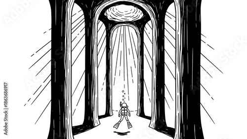 Diver exploring underwater cathedral cavern with light rays