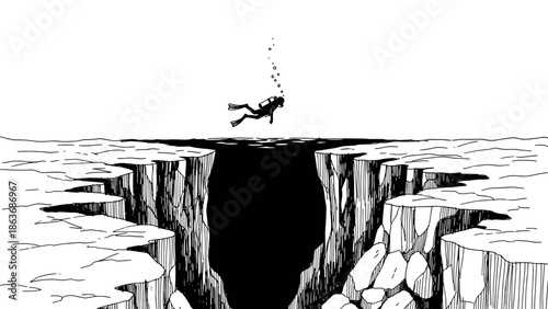 Diver exploring a deep ocean trench in black and white style