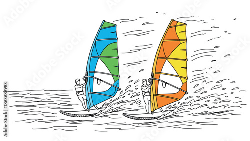 Colorful windsurfers riding waves in linear style
