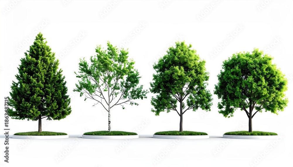 Obraz premium Variety of Trees Isolated on White Background, Green Foliage, Nature