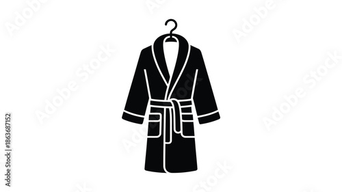 A simple black and white icon depicting a bathrobe hanging on a hook