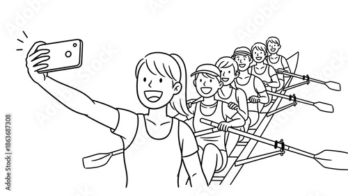 Team rowing selfie: outline group celebrating sports and friendship
