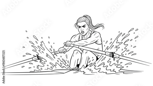Determined female rower in action with splashes in black and white outline