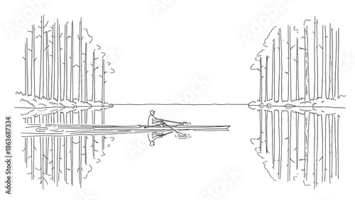 Calming linear line art of a solo rower in a serene forest lake