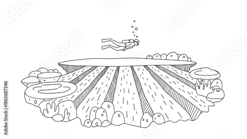 Surreal landscape with diver above floating island in line art style