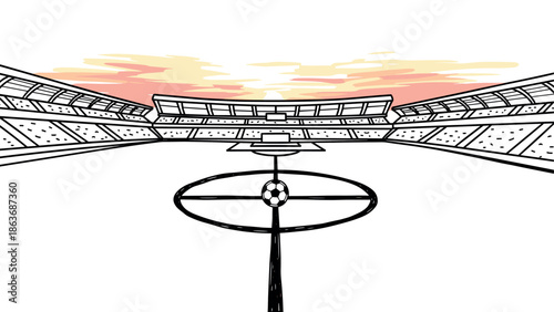 Hand-drawn soccer stadium at sunset with dramatic sky and central pitch