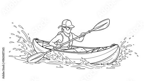 Dynamic line drawing of kayaker navigating river with splashing water