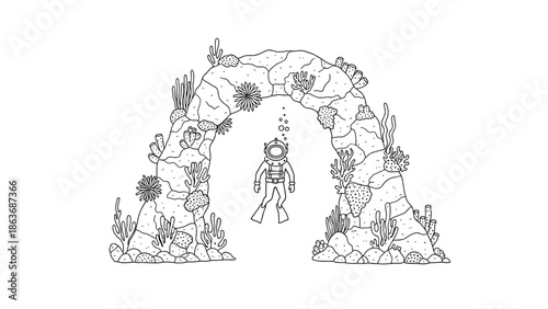 Black and white underwater scene with diver in coral reef archway
