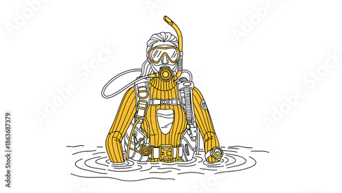 Diver in water with snorkel and scuba gear - detailed line art