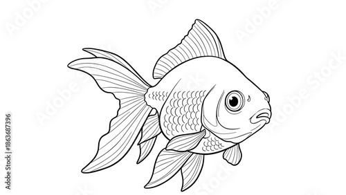 Detailed outline drawing of a goldfish with flowing fins