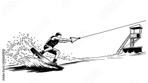 Dynamic wakeboarding action with cable park illustration in black and white
