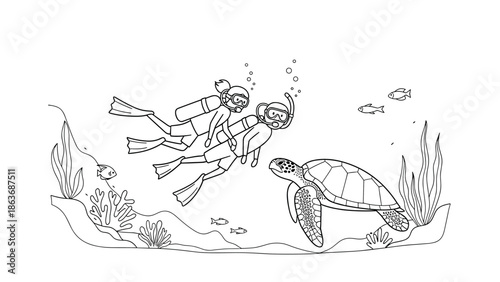 Underwater adventure: snorkelers explore marine life with sea turtle