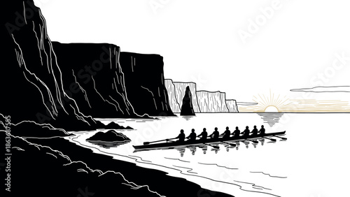 Silhouette rowing team at sunrise by coastal cliffs