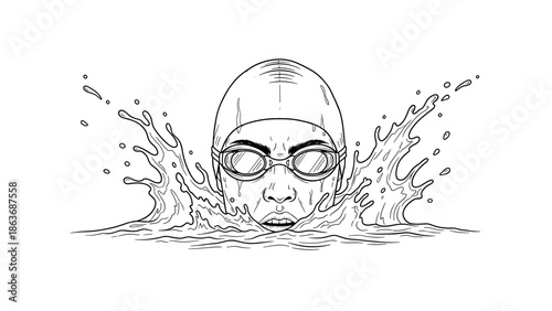 Swimmer in focus with splashes in linear art style