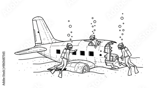 Divers exploring sunken airplane wreck underwater adventure in black and white