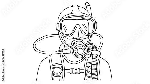 Scuba diver in gear line art: snorkeling and underwater adventures