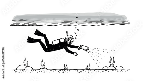 Diver exploring underwater with flashlight in hand-drawn style