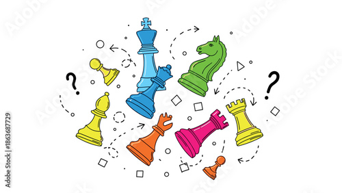 Colorful chess pieces in a dynamic abstract pattern with strategy elements