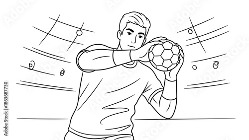 Soccer player goalkeeper preparing to throw ball in dramatic black and white linear style