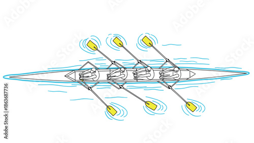 Teamwork on the water: linear rowing crew illustration with dynamic movement