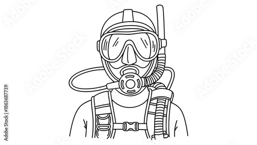 Scuba diver in linear style with snorkel and mask detailed drawing