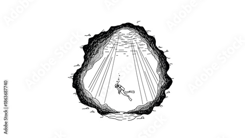 Diver exploring underwater cave with sunlight rays in hand drawn style