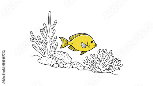 Yellow fish among coral in minimalistic line art design