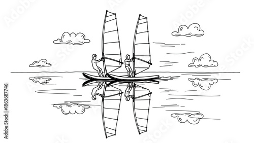Linear drawing of windsurfers on calm water with cloud reflections