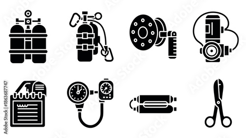 Essential safety equipment icons: fire extinguisher, scuba tank, fire alarm, shock absorber, pliers