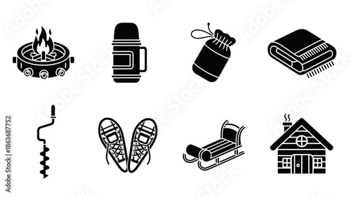 Winter camping essentials: stove, thermos, blanket, and more in black and white icons