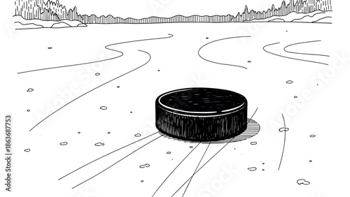 Minimalist black and white sketch of a hockey puck on ice with scenic background