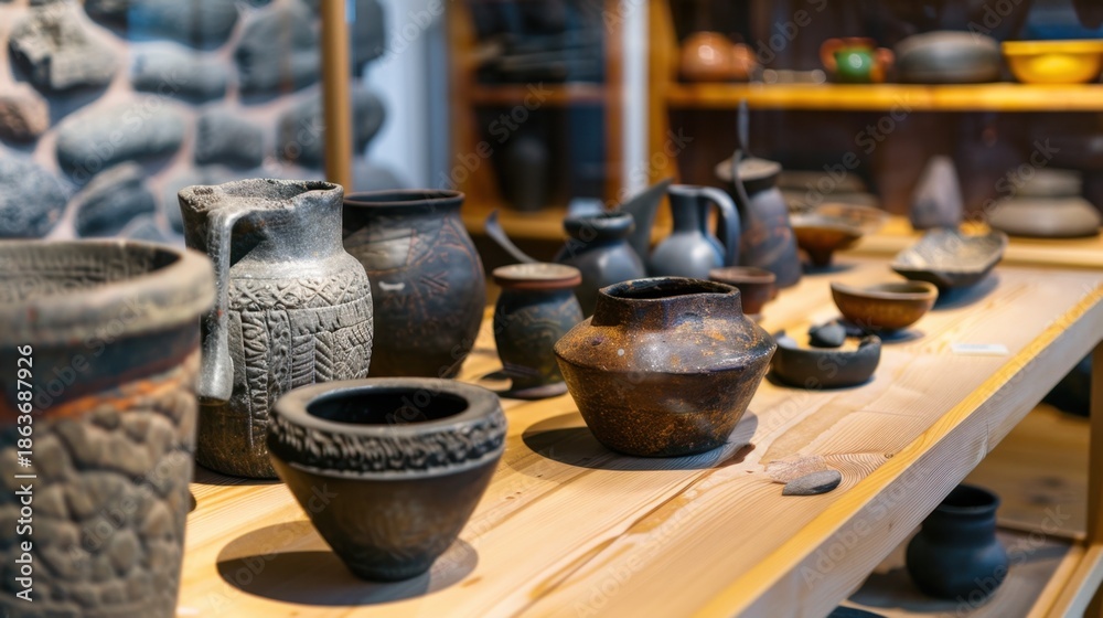 Fototapeta premium Elegant Display of Various Traditional Ceramics and Pottery Artifacts in a Museum Setting