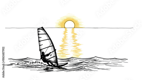 Windsurfer sailing against sunset on ocean waves in sketch style