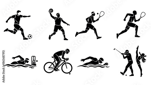 Silhouette sports icons: diverse athletic activities in bold black and white