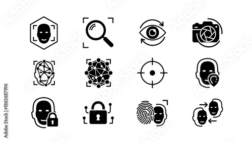 Facial recognition icons featuring biometrics and privacy symbols in a linear style