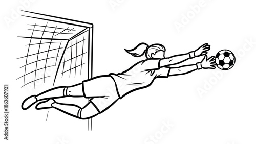Dynamic female soccer goalkeeper diving action in linear style