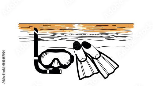 Beach scene with snorkel and fins in minimalist line art
