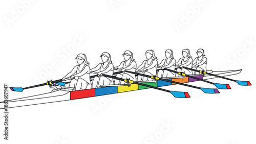 Colorful linear crew rowing team in action on canoe with oars