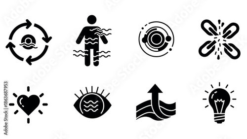 Black and white abstract icons for energy, innovation, and wellness concepts