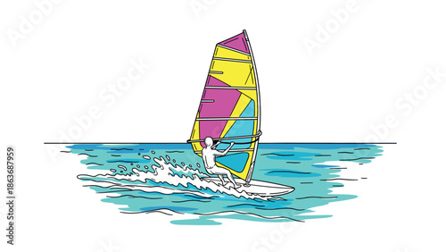 Colorful windsurfing adventure in vibrant vector style on open sea waters