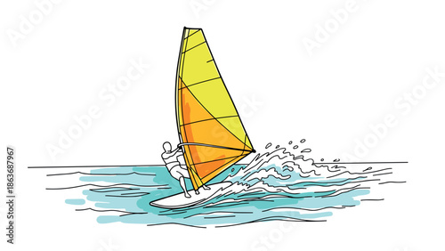 Vibrant windsurfing adventure with colorful sail on ocean waves in sketch style