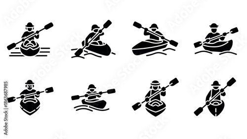 Silhouette icons of kayaker paddling canoe in various poses and styles