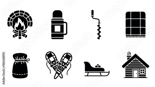 Cozy winter essentials: fireplace, thermos, sled, snowshoes and more icons