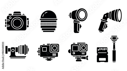 Diverse camera equipment icons in black silhouette style for photography enthusiasts