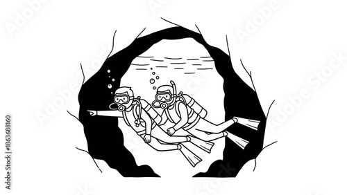Black and white cave diving adventure: two scuba divers exploring underwater