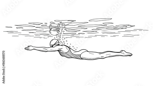 Black and white swimmer in action: linear style swimming technique art