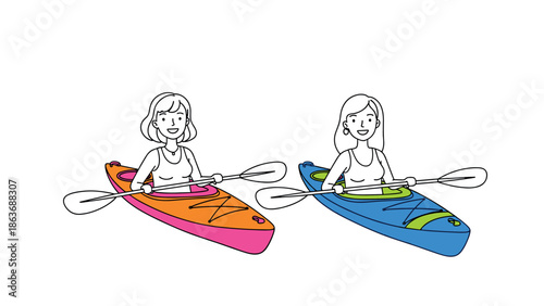 Two friends kayaking: fun cartoon style adventure on colorful canoes