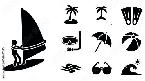 Beach activity icons: surfing, diving, and relaxing elements in silhouette style