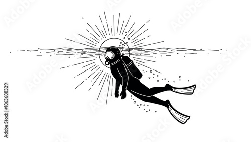 Scuba diver in minimalist style exploring underwater with sunburst background